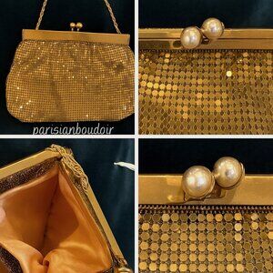 Vintage Gold Mesh Evening Bag with Pearl Clasp - Elegant Retro Chain